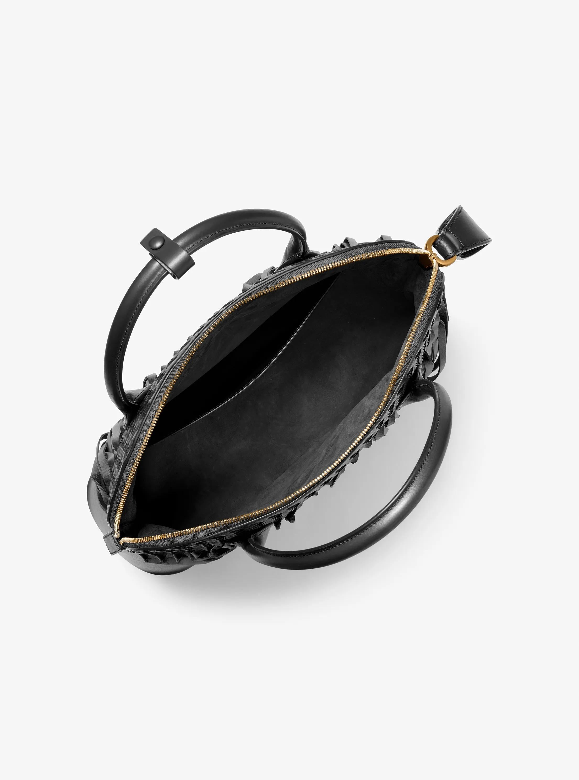 Kaitlin Large Fringed Woven Leather Dome Satchel