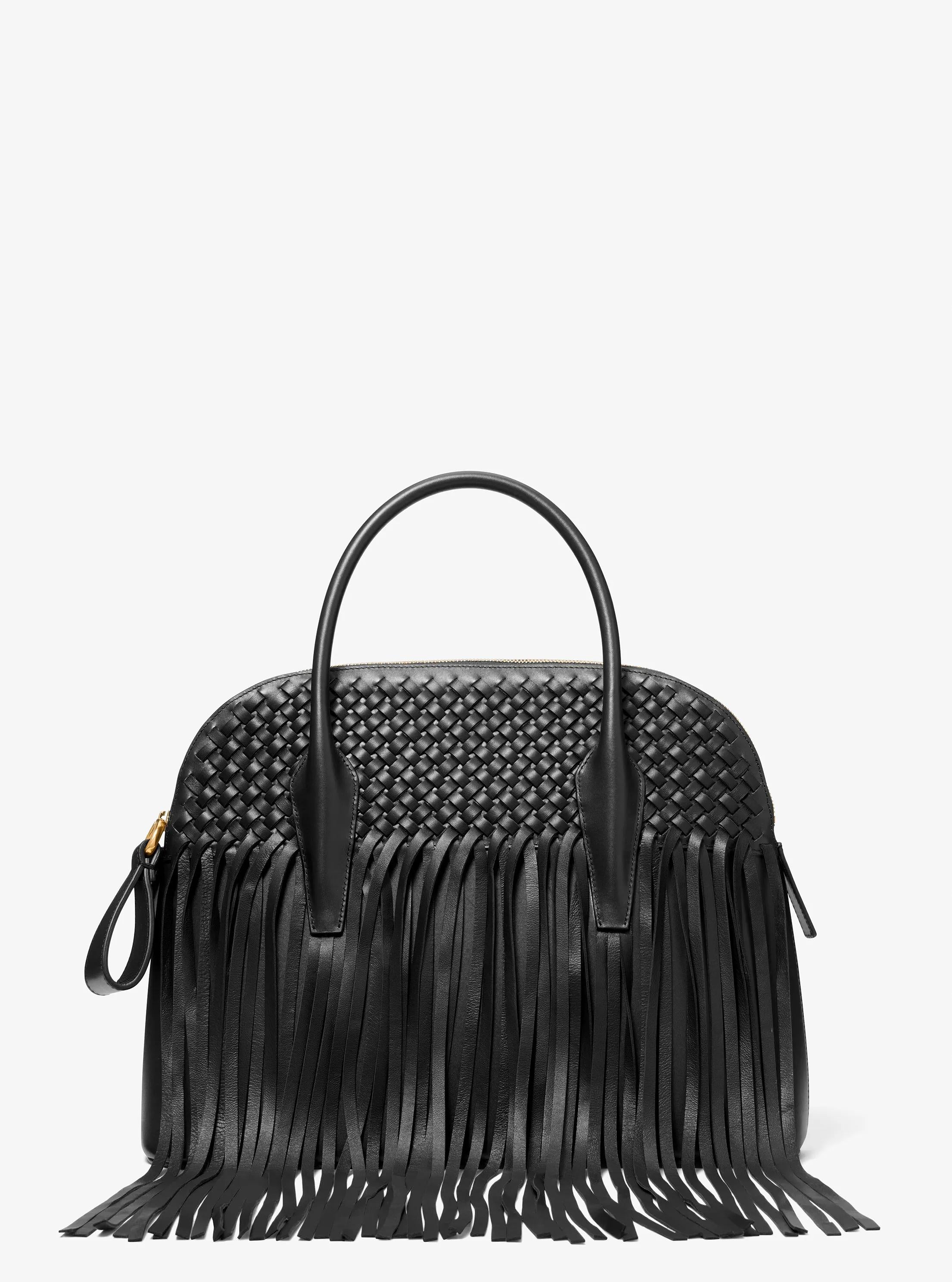 Kaitlin Large Fringed Woven Leather Dome Satchel